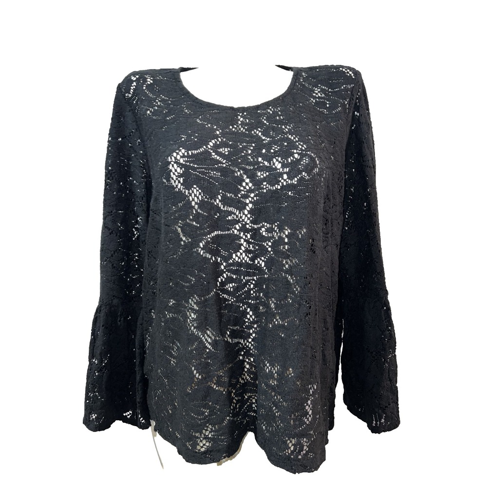 Chicos‎ Black Floral Lace Bell Sleeve Scoop Neck Top Size 3 XL Womens